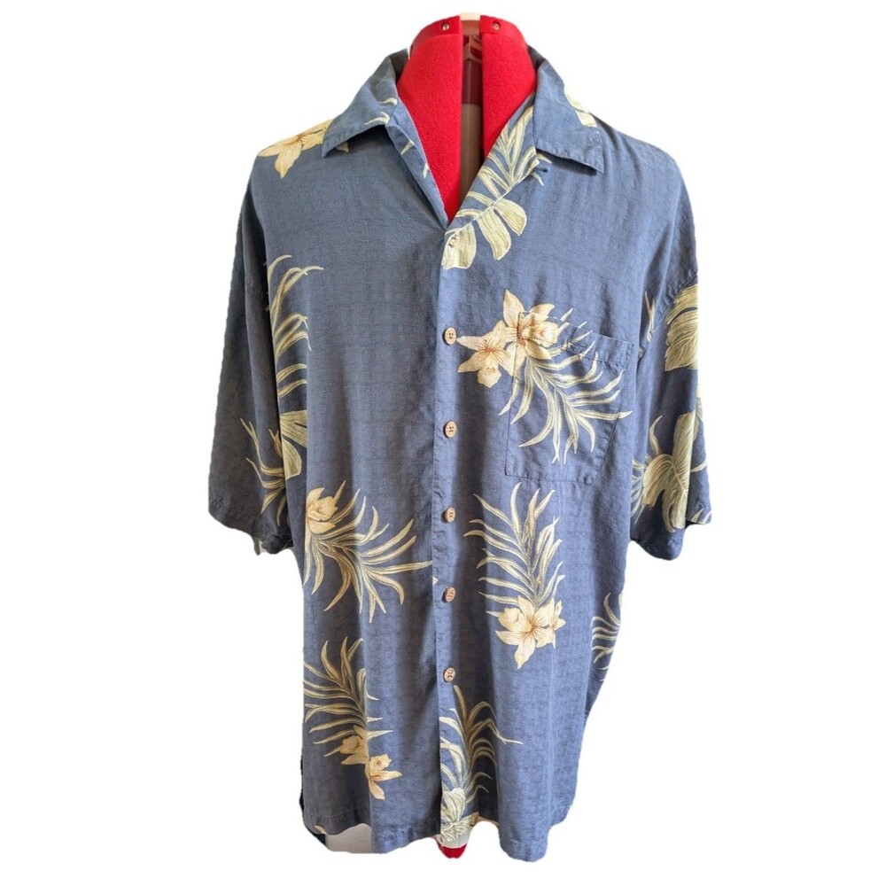 Luau Men’s Blue 100% Silk Hawaiian Shirt Size Large